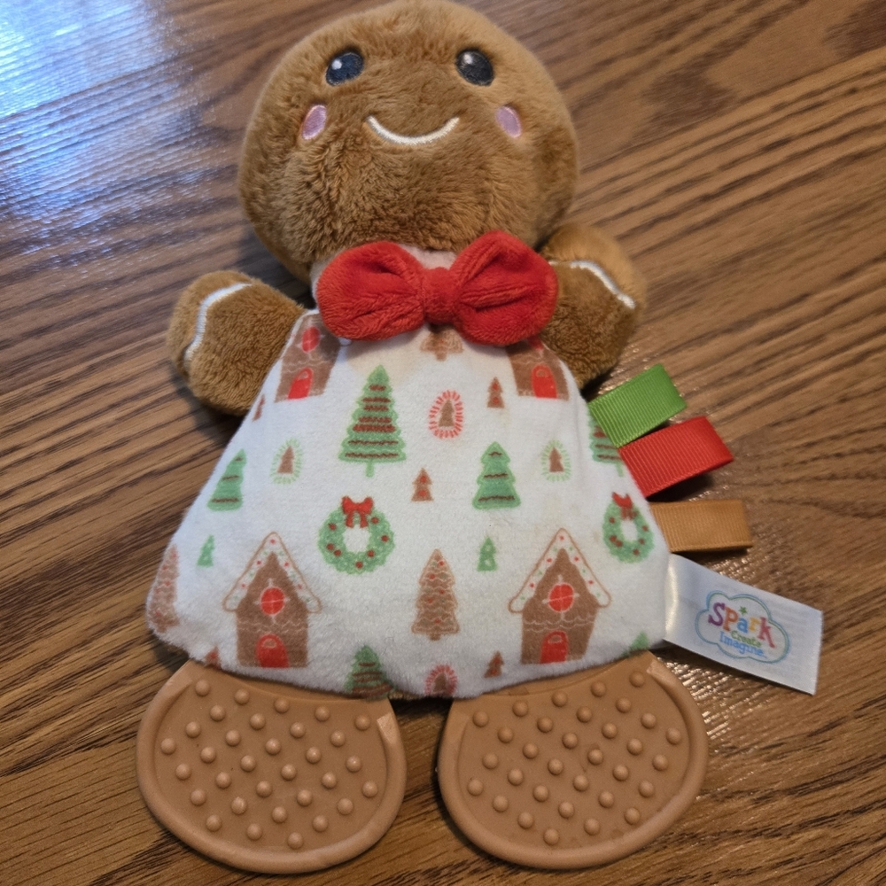 Spark Create Imagine Brown Gingerbread Plush Teether Rattle Red Bow Christmas - Picture 5 of 9
